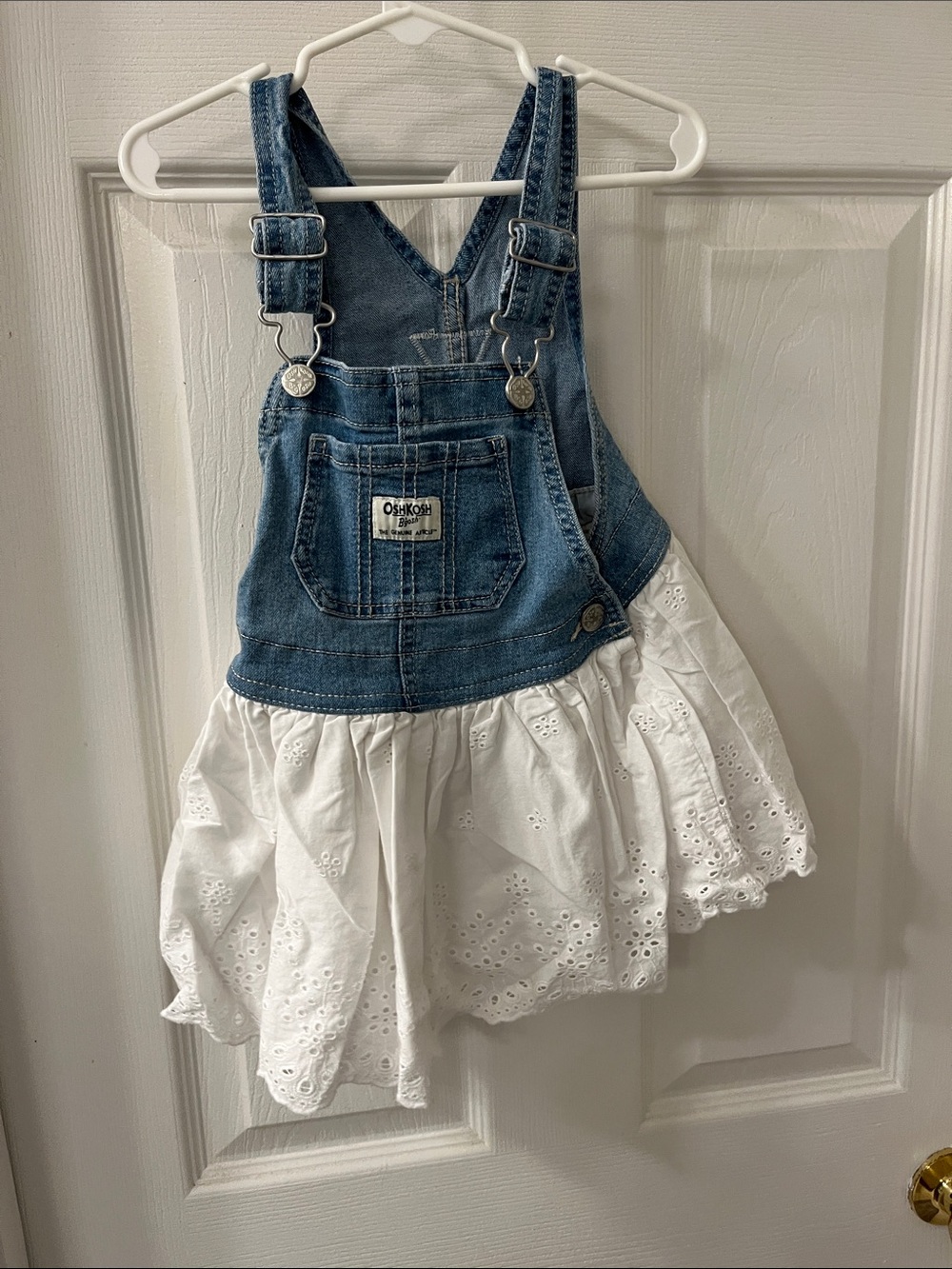 OshKosh B'gosh Blue Denim Overall Dress with White Eyelet Skirt